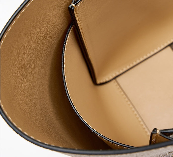 Gray color block leather bucket bag with soft cowhide and retro style
