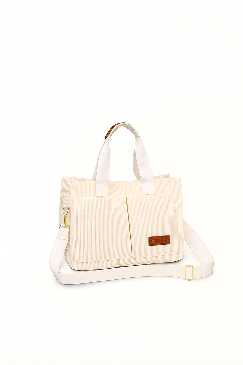 Lightweight white crossbody handbag made of soft corduroy fabric