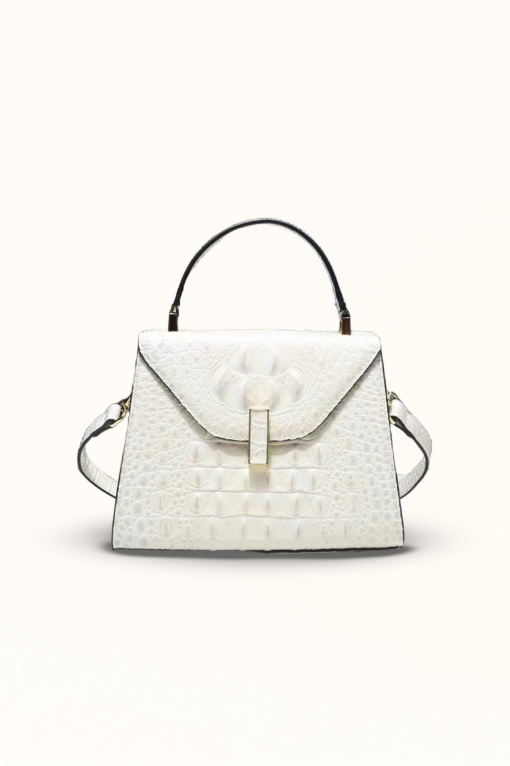 Beige genuine leather shoulder bag with clamshell flap and lock