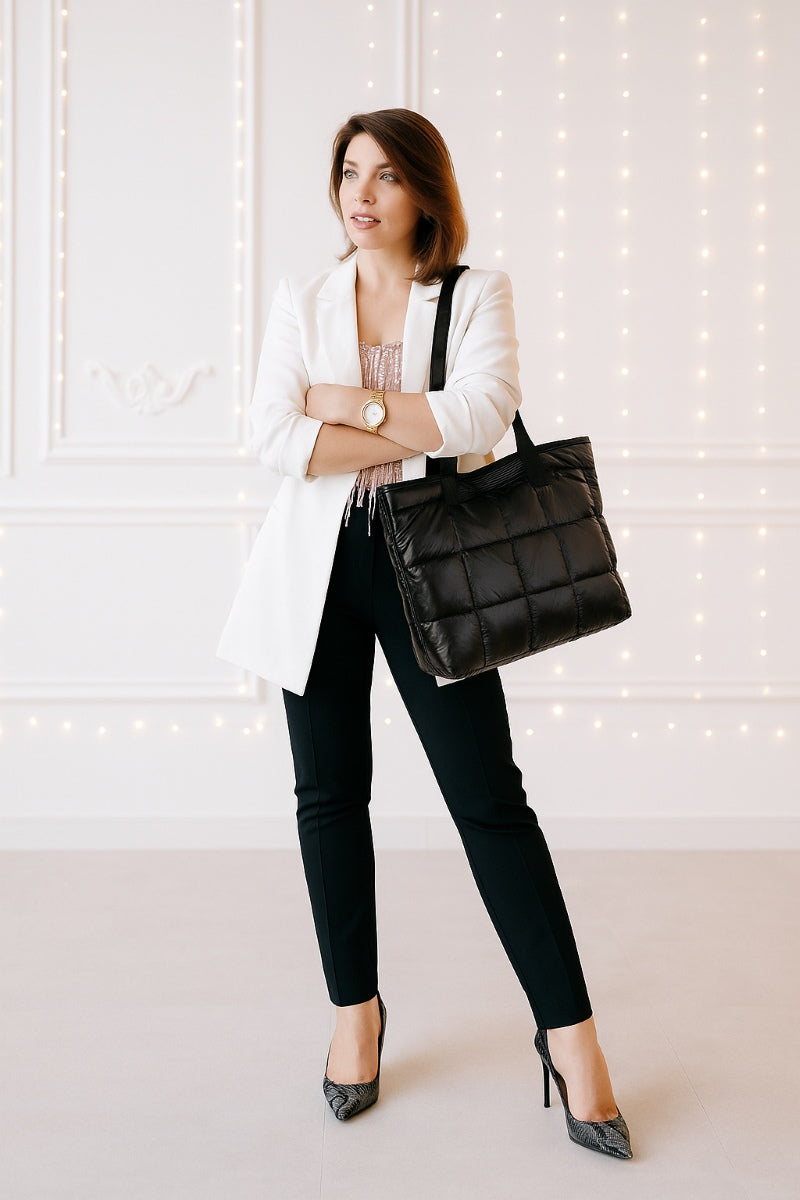 Black cotton tote bag for autumn and winter with zipper and soft lining