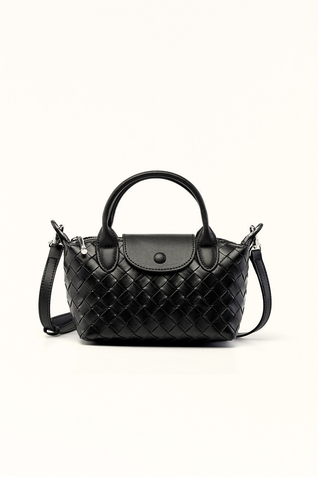 Black genuine leather handbag with weaving detail and boxy silhouette