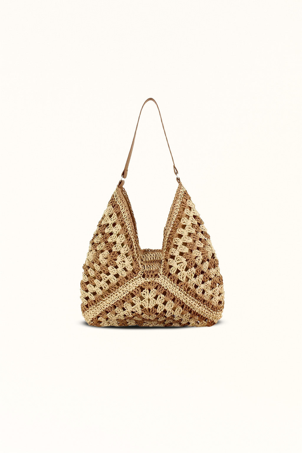 Brown woven straw shoulder bag with fixed strap and spacious design