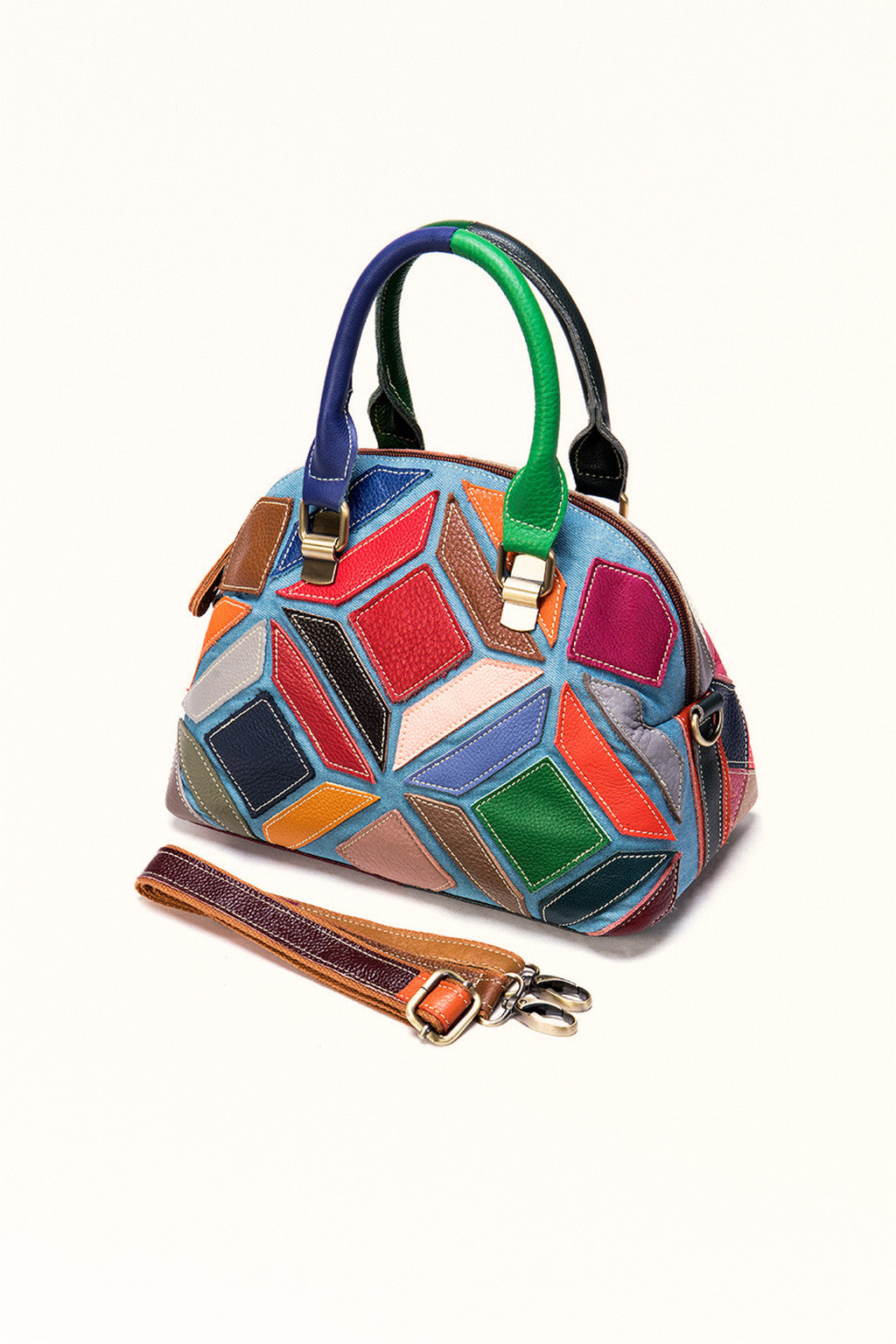 Women's soft leather geometric bucket bag with vintage flair and zip closure
