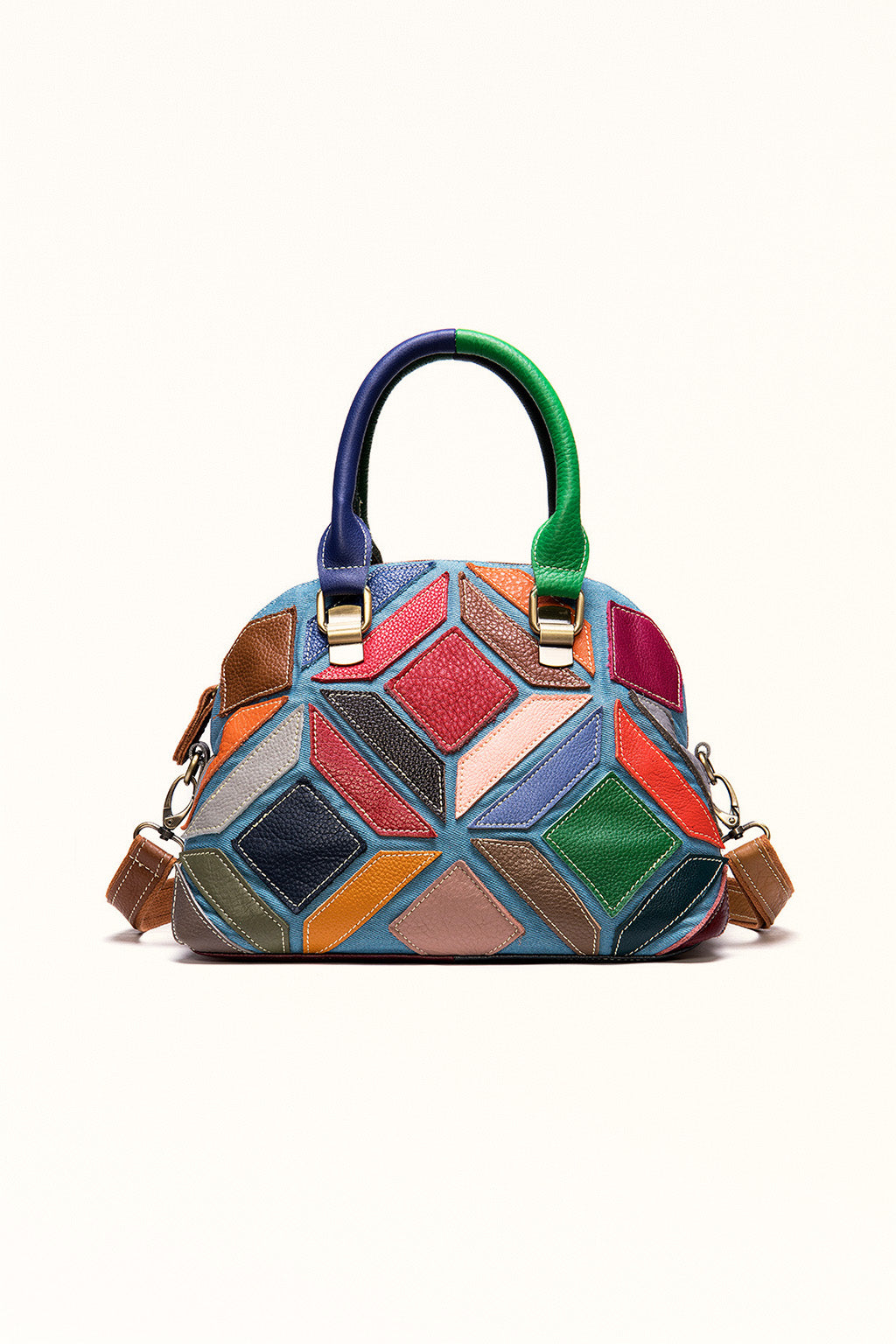 Women's soft leather geometric bucket bag with vintage flair and zip closure
