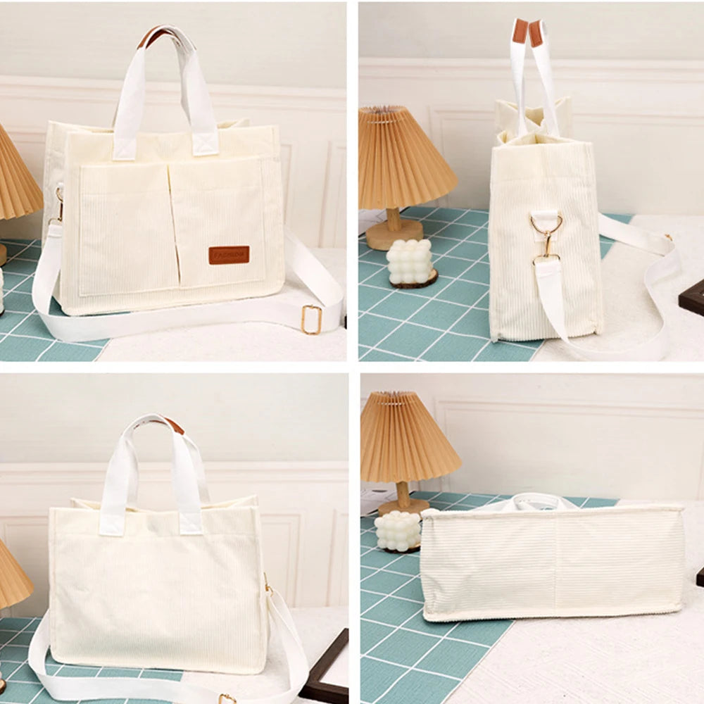 corduroy tote bag with spacious design and hasp closure