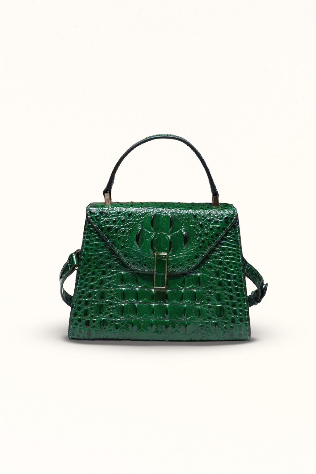 Green genuine leather handbag with clamshell flap and soft lining