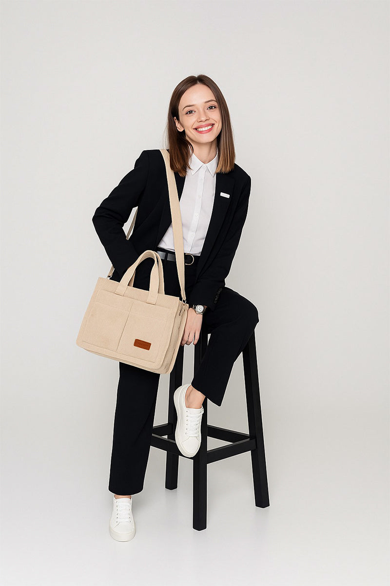Khaki corduroy handbag with top handle and shoulder strap versatility
