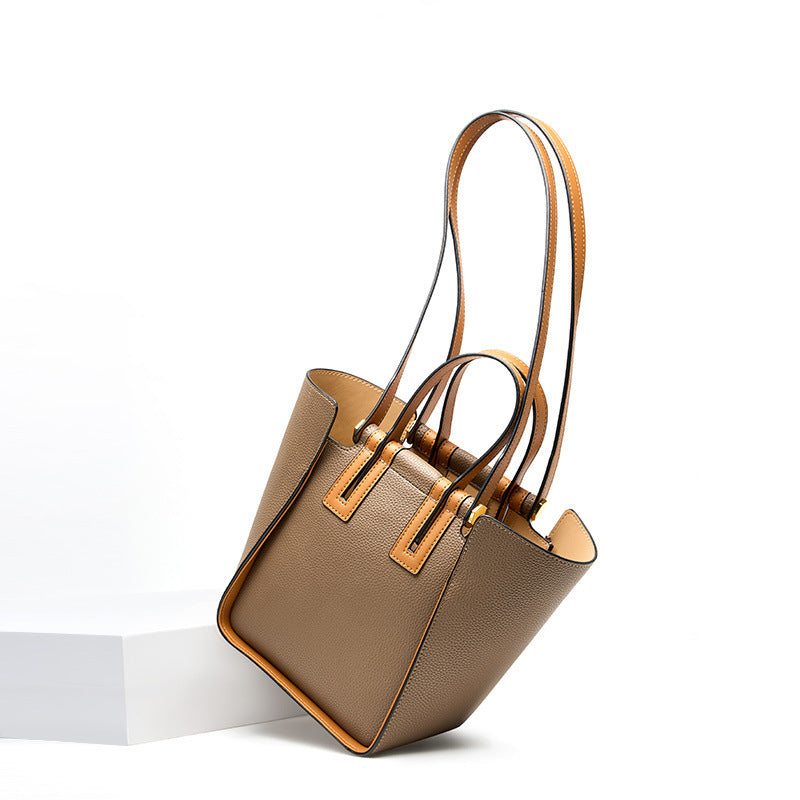 Gray color block leather bucket bag with soft cowhide and retro style