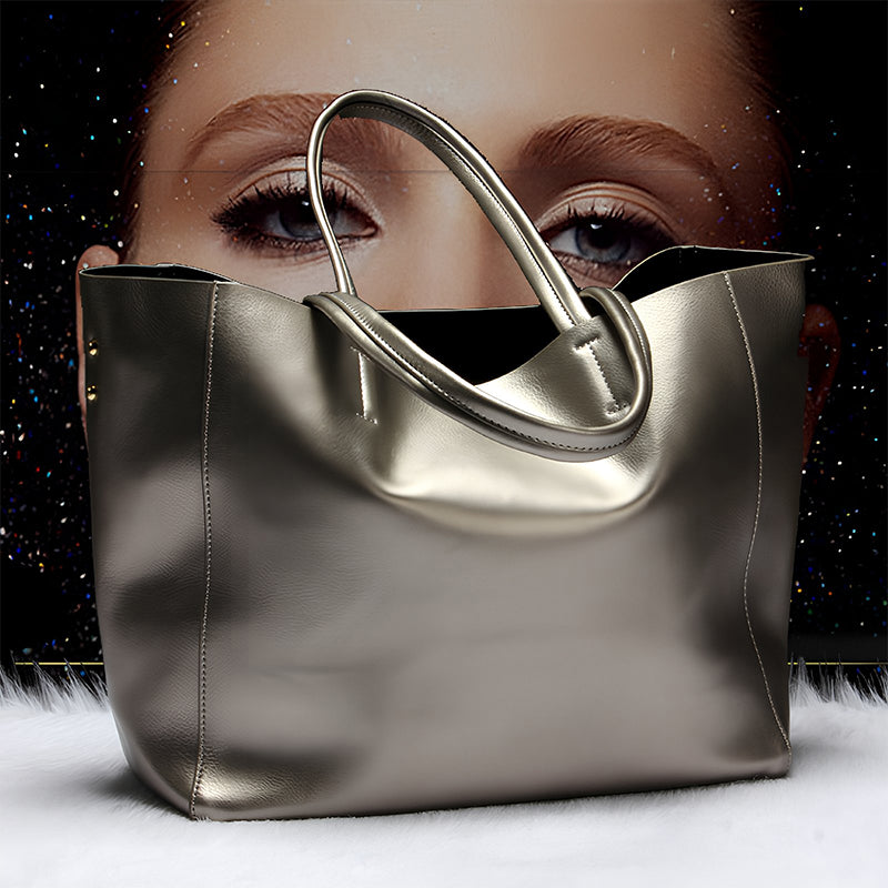 Women's silver leather bag for work, shopping, or leisure