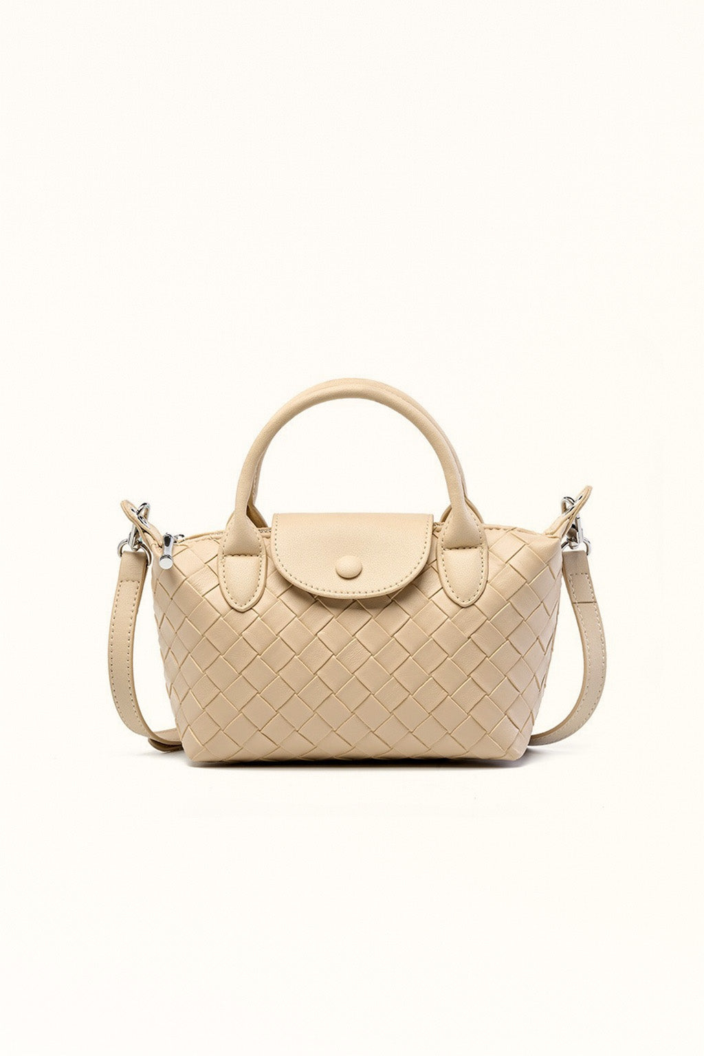 Milky white cowhide leather crossbody bag with woven texture and soft shape