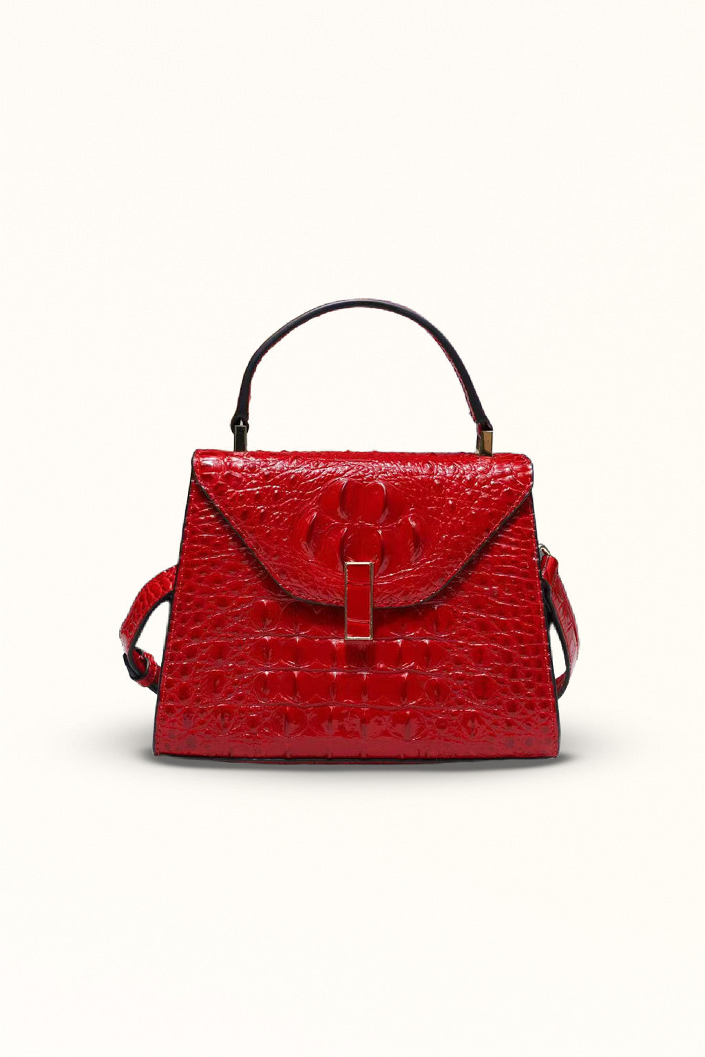 Red cowhide shoulder bag with flap cover and elegant lock design