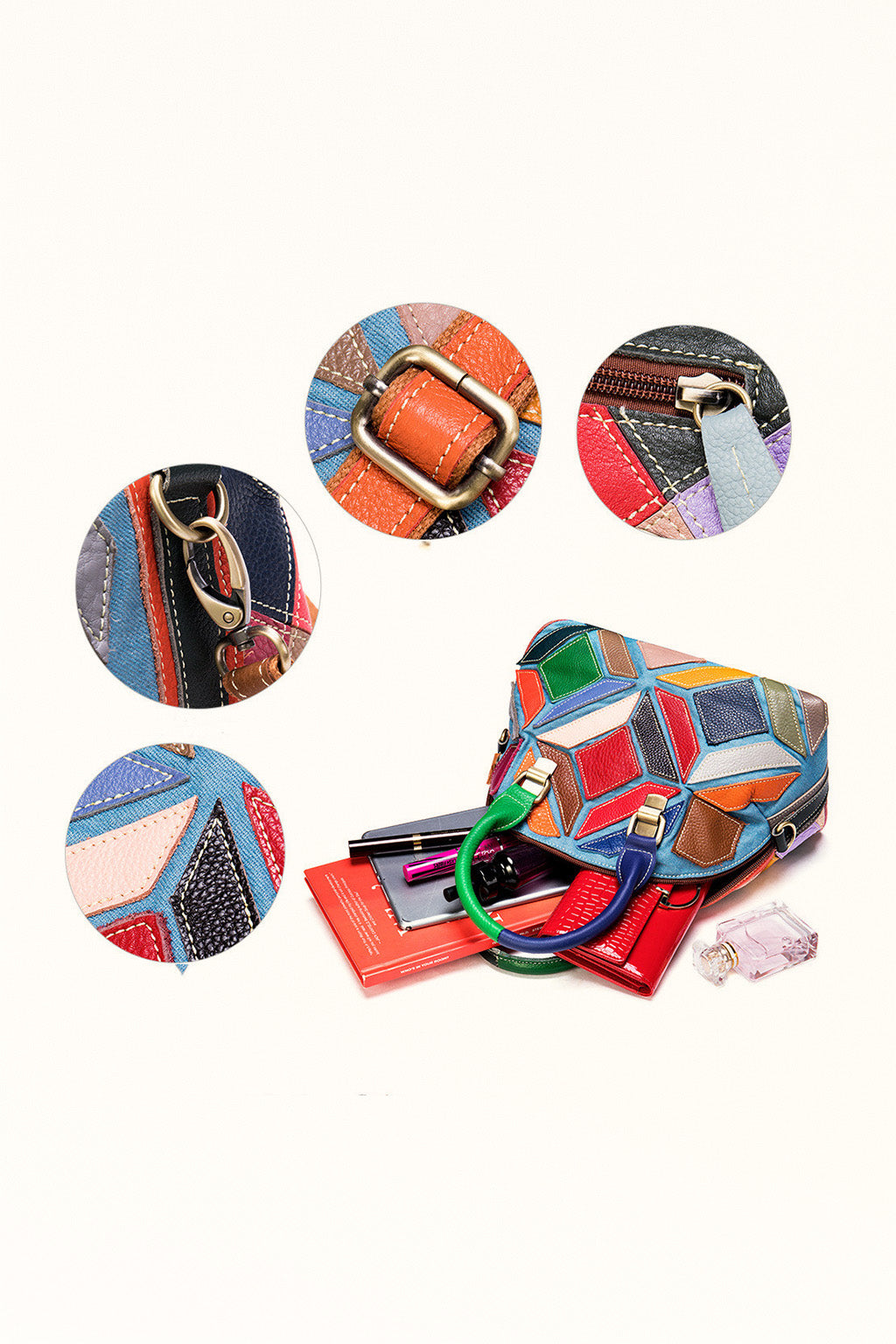 Color block leather bucket bag with retro geometric design and dumpling shape