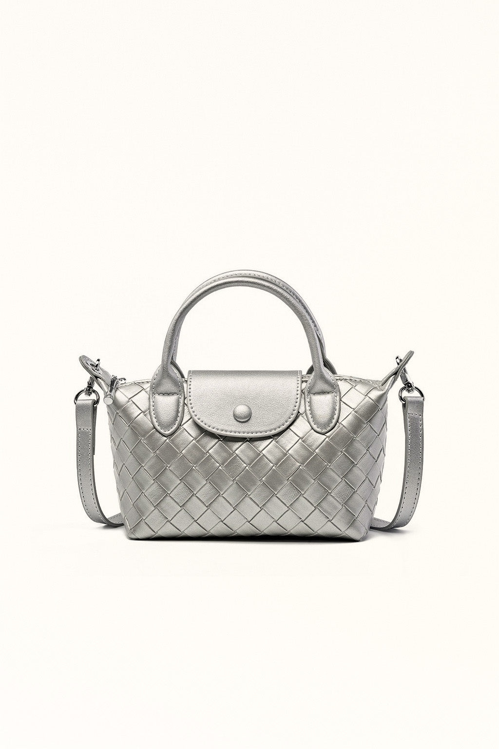Silver woven cowhide handbag with soft shine and structured body
