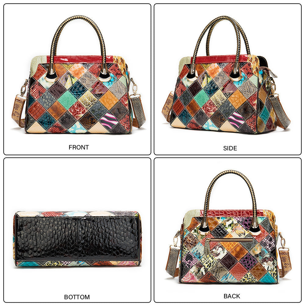 First-layer cowhide shoulder bag with patchwork design and zipper opening