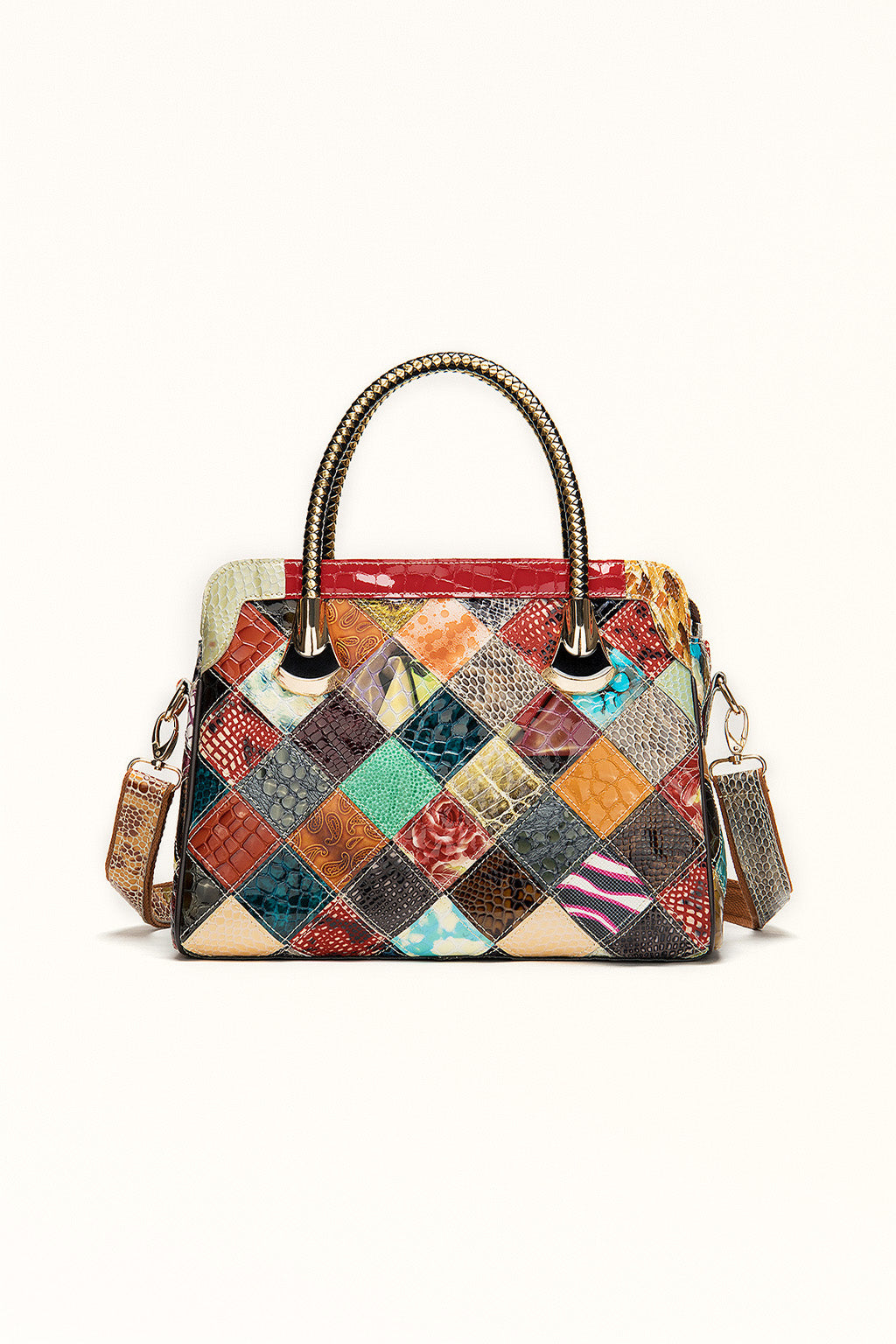 Vintage cowhide patchwork handbag with floral embossing and retro splicing