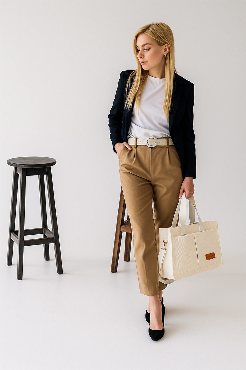 White corduroy tote bag with spacious design and hasp closure