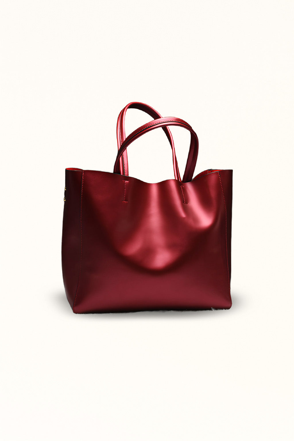 Wine red cowhide tote bag with high capacity and drop strap