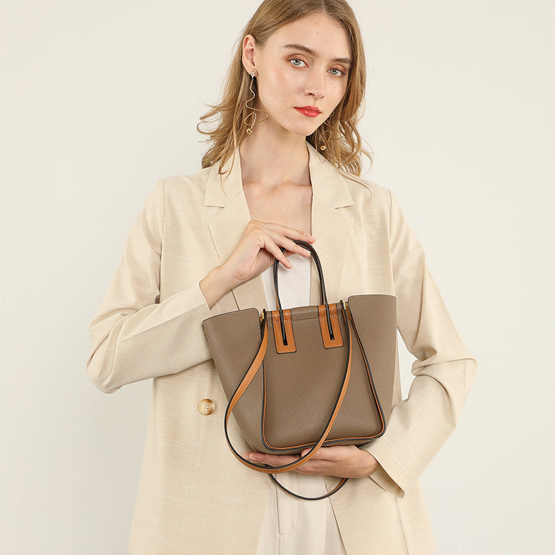 Gray color block leather bucket bag with soft cowhide and retro style