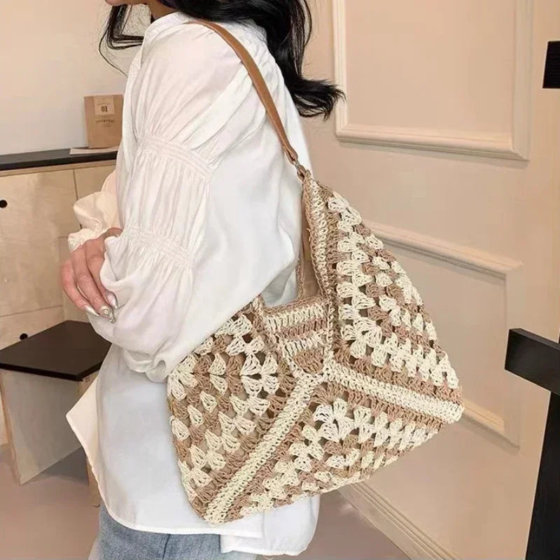 Casual summer-style brown tote bag with handcrafted straw texture