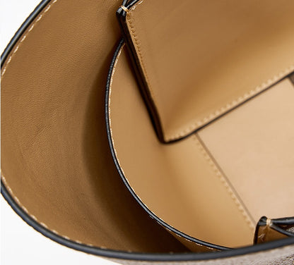 Gray color block leather bucket bag with soft cowhide and retro style	