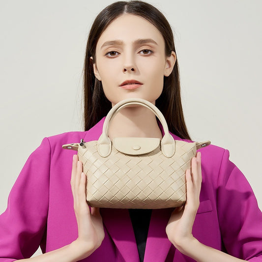 Compact milky white woven leather bag with urban design and 3D pocket