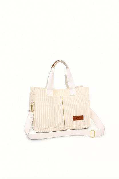 Lightweight white crossbody handbag made of soft corduroy fabric