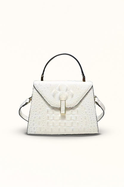 Beige genuine leather shoulder bag with clamshell flap and lock