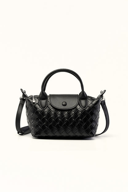 Black genuine leather handbag with weaving detail and boxy silhouette