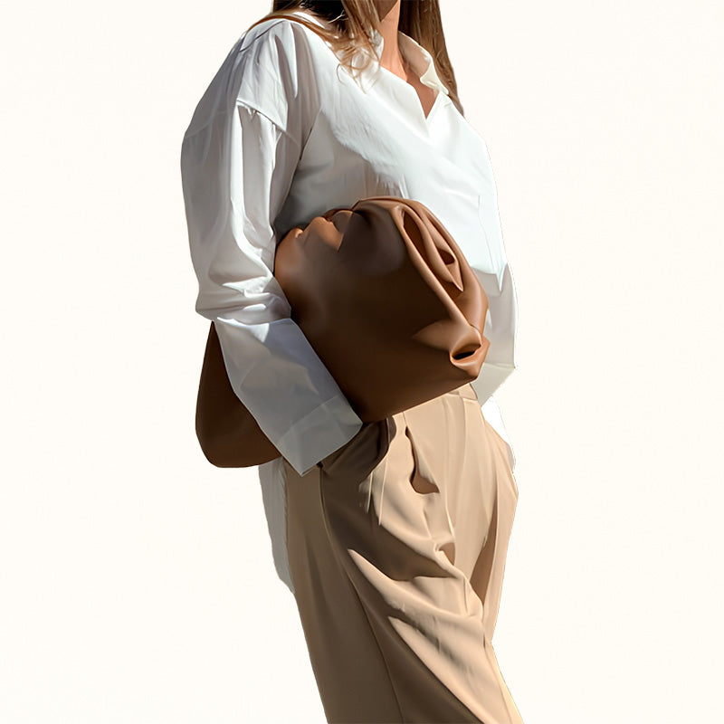 Large brown dumpling-shaped cloud bag in soft PU leather