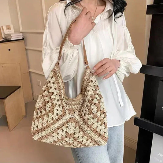 Casual summer-style brown tote bag with handcrafted straw texture