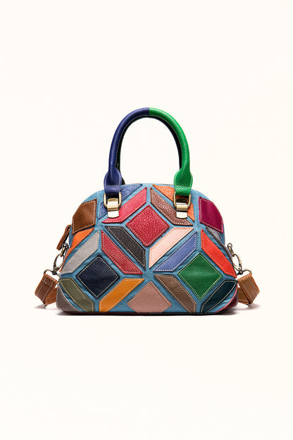 Women's soft leather geometric bucket bag with vintage flair and zip closure