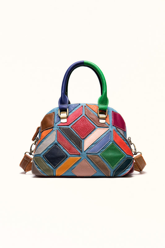 Women's soft leather geometric bucket bag with vintage flair and zip closure