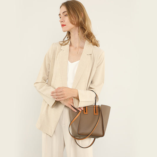 Women's gray genuine leather shoulder bag with slit pocket and vintage shape