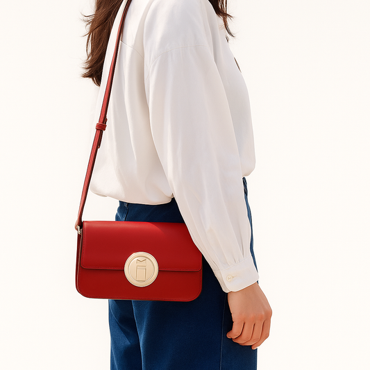 Women's red square bag with cowhide finish and lock closure