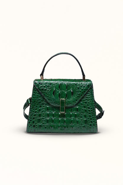 Green genuine leather handbag with clamshell flap and soft lining