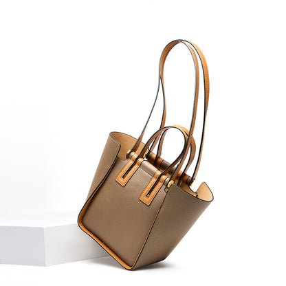 Gray color block leather bucket bag with soft cowhide and retro style