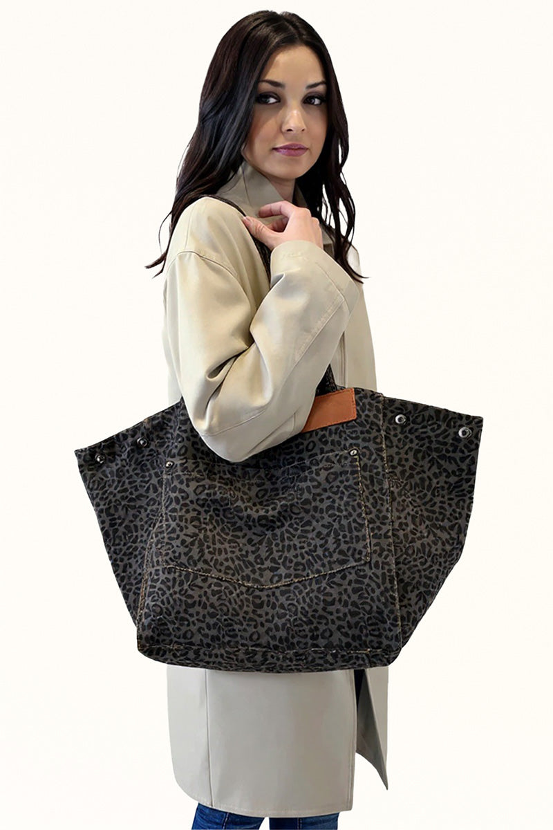 Large leopard print canvas tote with nylon lining for work, school, or casual use