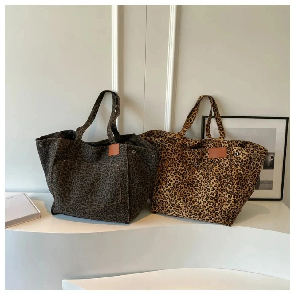Unisex leopard tote bag perfect for shopping, school, and daily errands