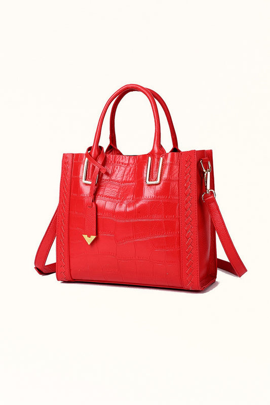 Red cowhide tote bag with crocodile texture and vertical square shape