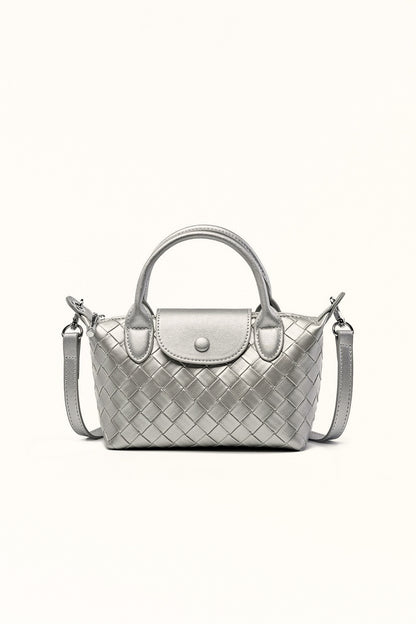 Silver woven cowhide handbag with soft shine and structured body