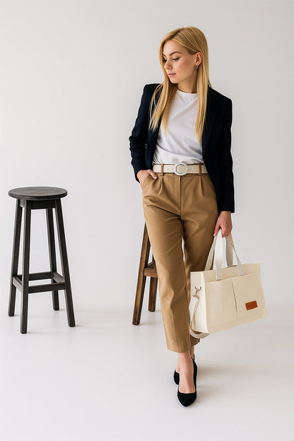White corduroy tote bag with spacious design and hasp closure