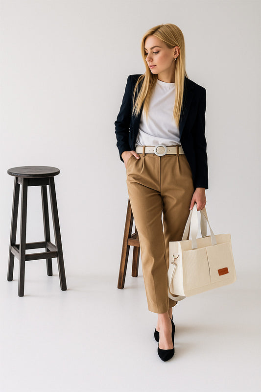 White corduroy tote bag with spacious design and hasp closure