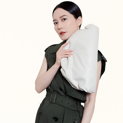 Fashion-forward white PU bag with dumpling shape and leisure vibe