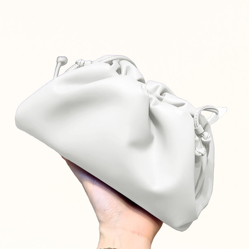 Small white PU cloud bag with single handle and gathered pleats