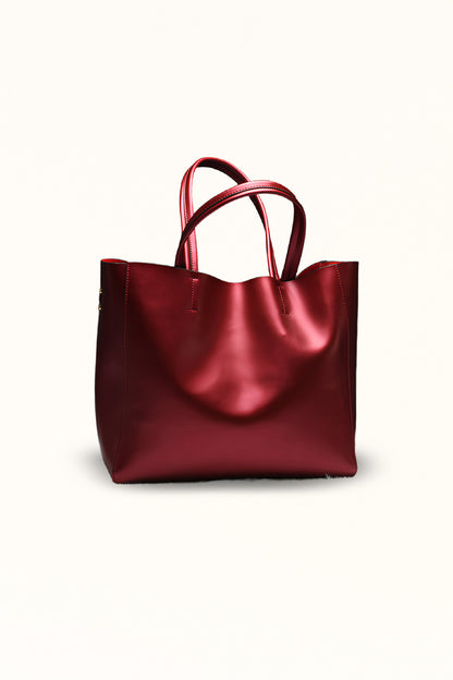 Wine red cowhide tote bag with high capacity and drop strap